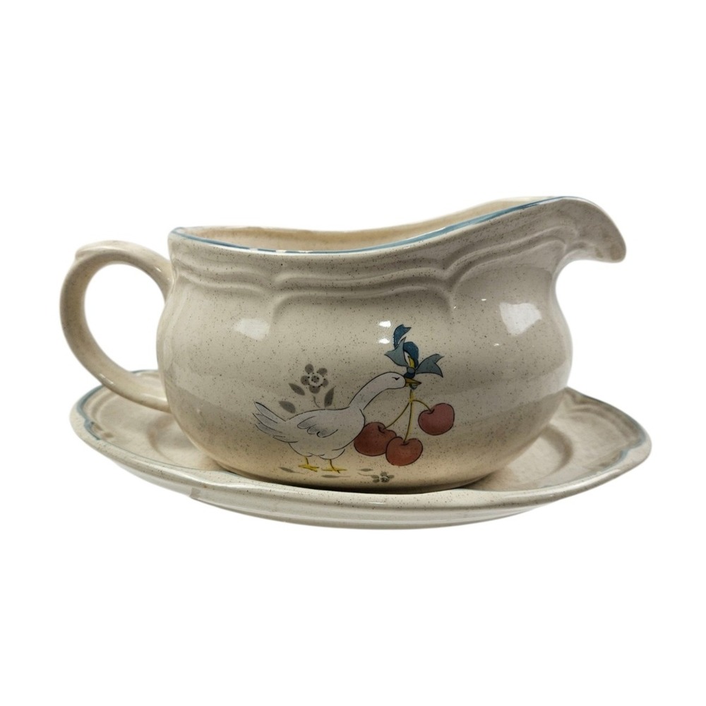 International China Marmalade Gravy Boat and Saucer Set Goose Cherry Stoneware